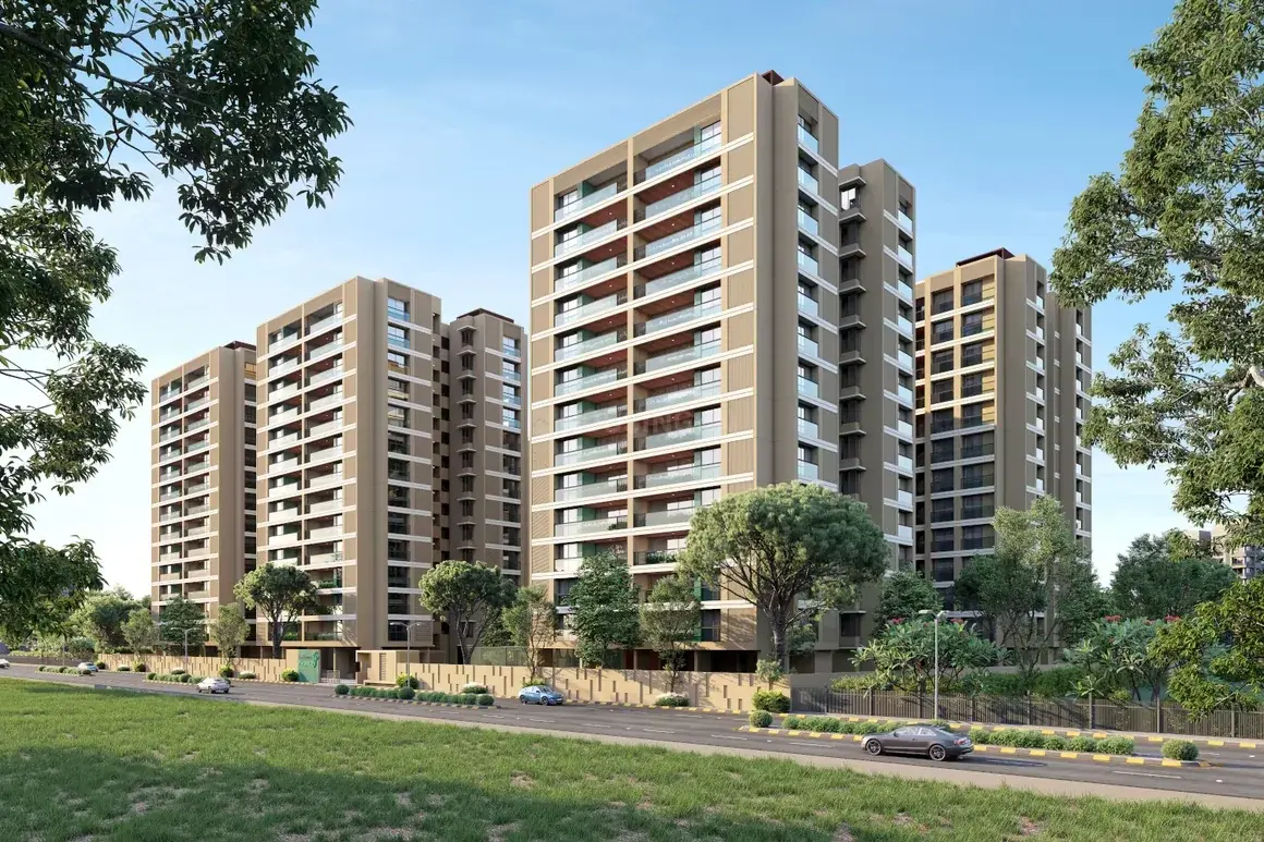 Rivanta 1 residential towers among mature trees beside a wide green lawn